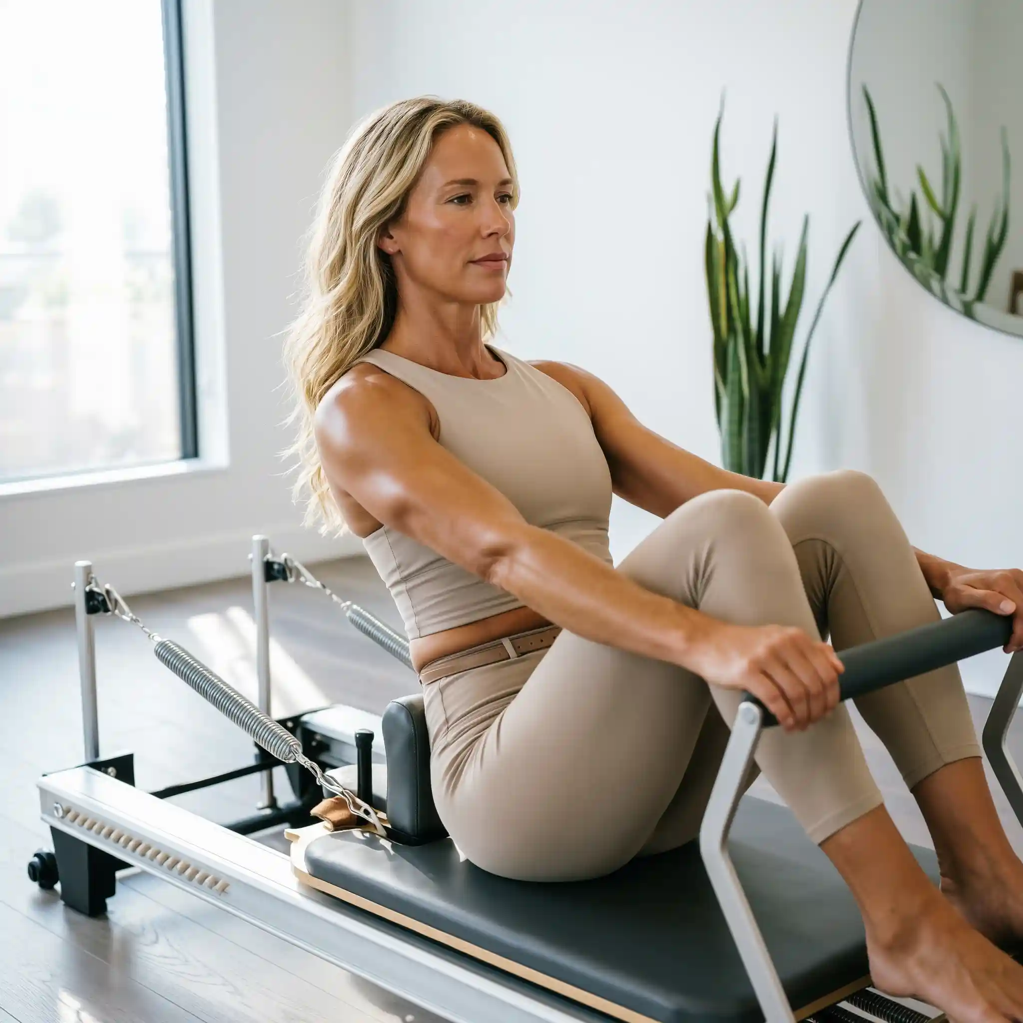 Woman doing reformer pilates exercise